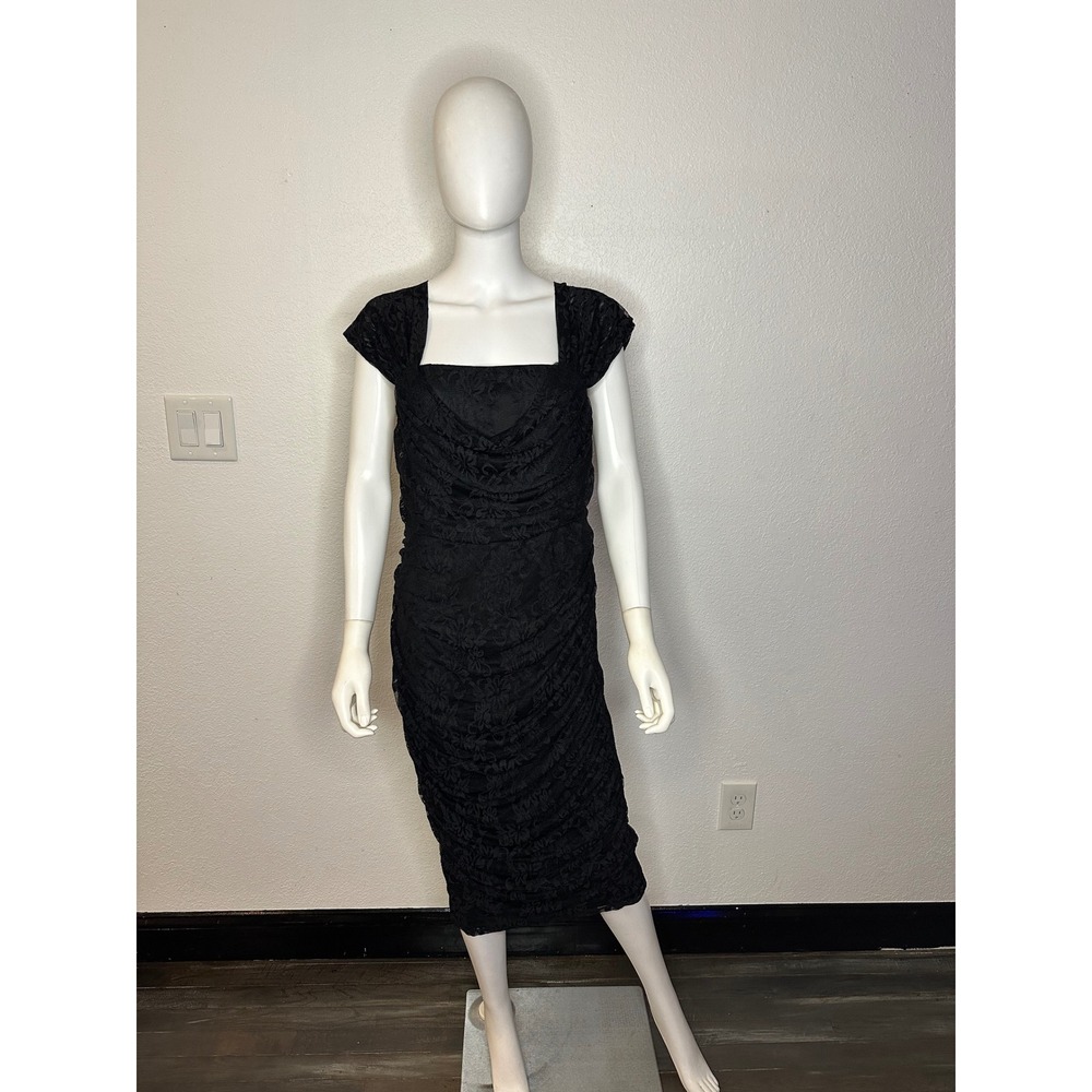 SHEIN Black Floral Lace Ruched Midi Dress Square Neck Open Back Cap Sleeve